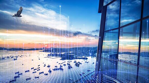 A bird in flight against a sunset sky, overlooking a body of water filled with boats