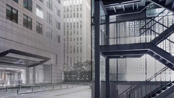 Exterior of a modern building with a visible exterior staircase