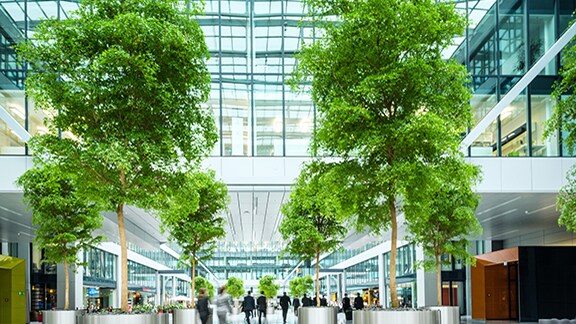 People walking in a large business atrium lined with trees