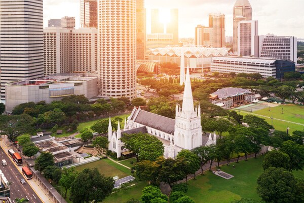 An aerial daylight view of St Andrew's Cathedral in Singapore
